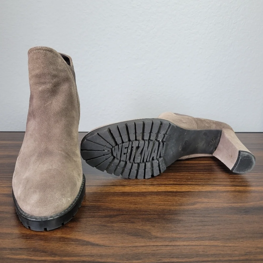 STUART WEITZMAN // grey taupe suede rugged rubber sole heeled ankle boots bootie